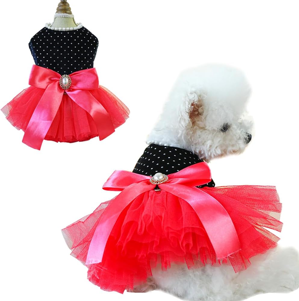 Fancy Dog Dresses with Leash Ring, Embroidered Dog Wedding Dress, Bow Puppy Clothes for Small pet Girl Multi-Layer Lace 
