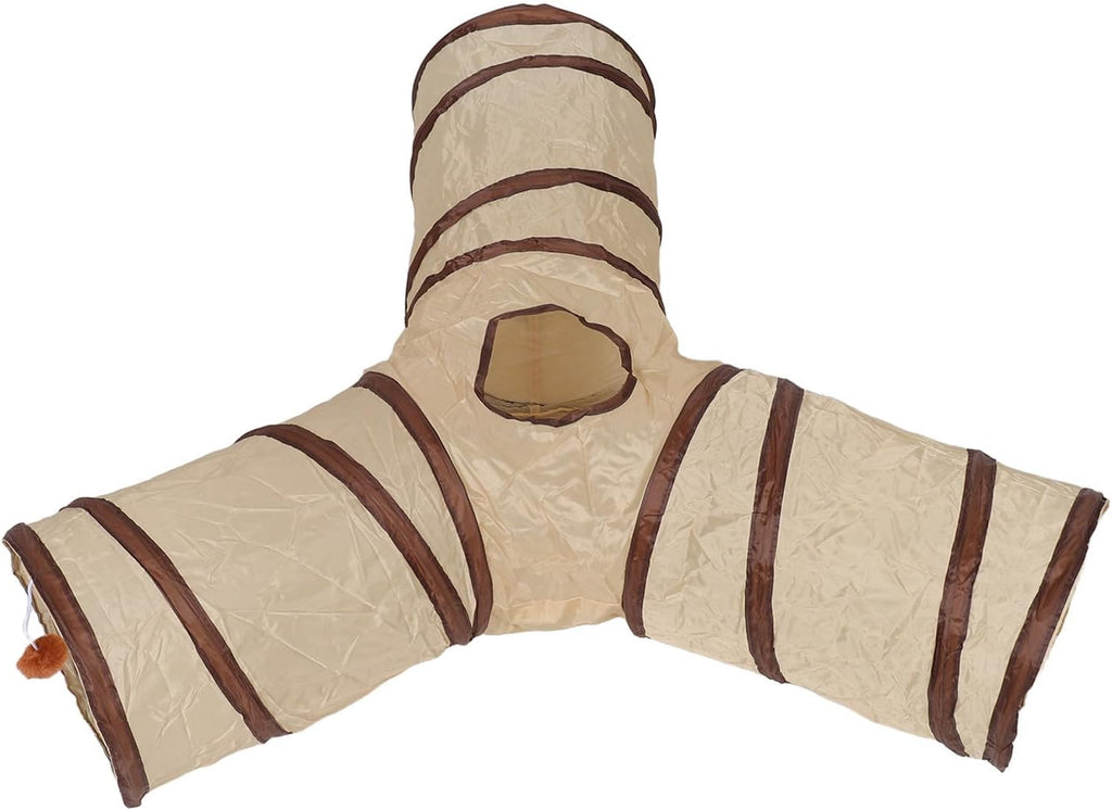 Collapsible Cat Play Tunnel Toy 3 Way 4 Hole Beige Polyester