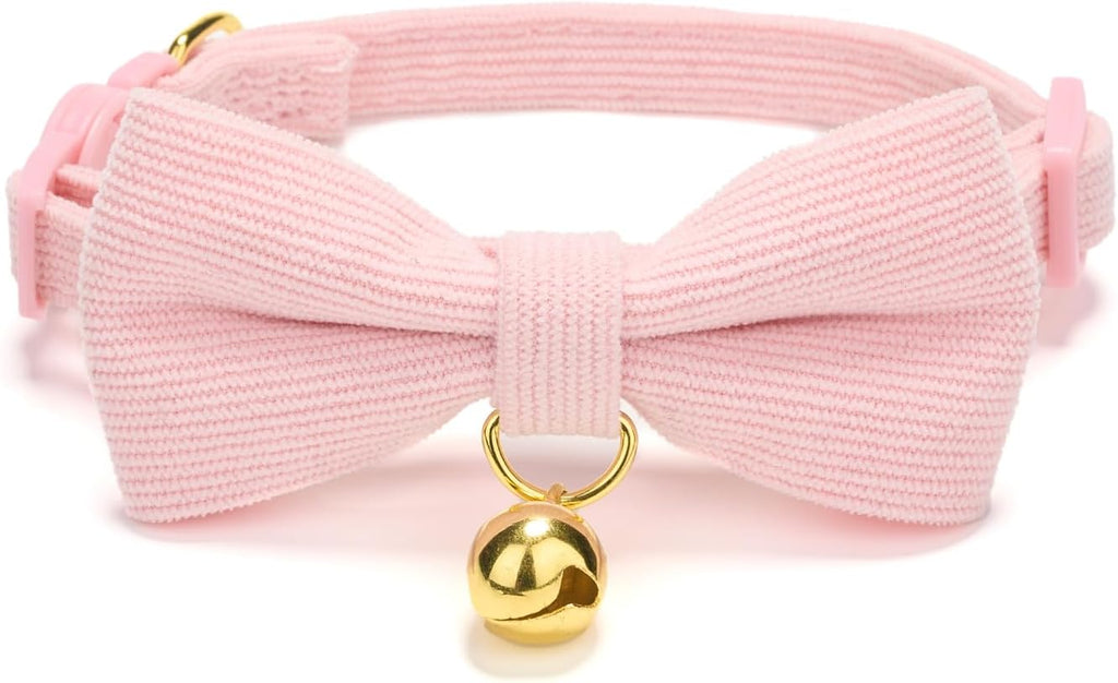 Breakaway Cat Collar with Bow Tie and Bell Adjustable Soft Corduroy Pink Kitten Collars for Girl Cats