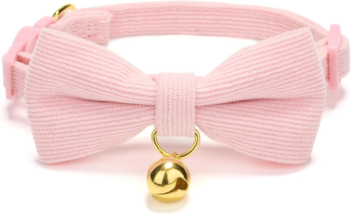 Breakaway Cat Collar with Bow Tie and Bell Adjustable Soft Corduroy Pink Kitten Collars for Girl Cats