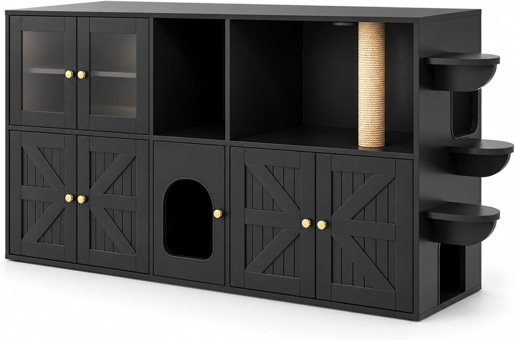 74" Double Cat Litter Box Furniture with Storage, Black