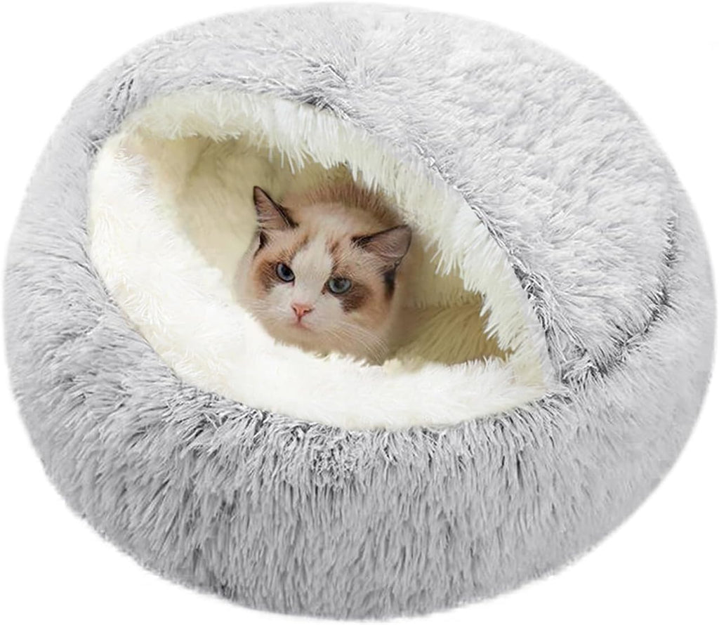 SUOXU Anti-Anxiety Cat Bed, Plush Hooded Cave, 20 in Diameter, Suitable for Small to Medium Pets, Pink