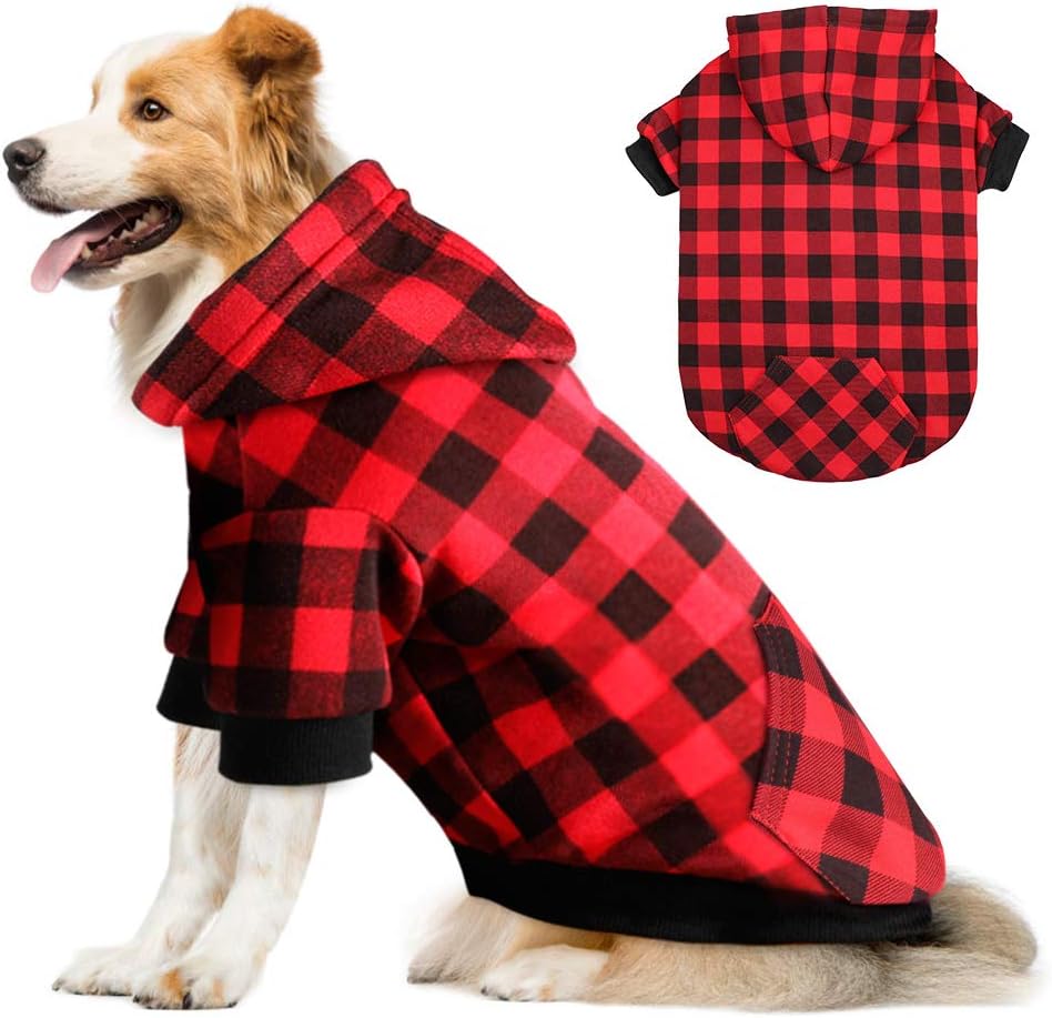Red Plaid Dog Hoodie Sweater for Dogs Pet Clothes with Hat and Pocket（XL）