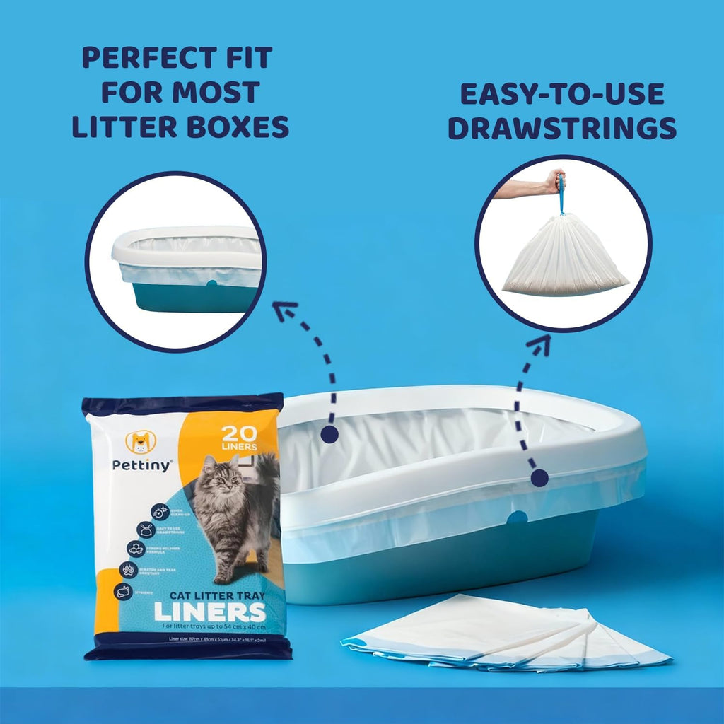 Pettiny 20 Cat Litter Box Liners with Drawstrings - Scratch Resistant Cat Litter Bags for a Medium and Large Litter Pan