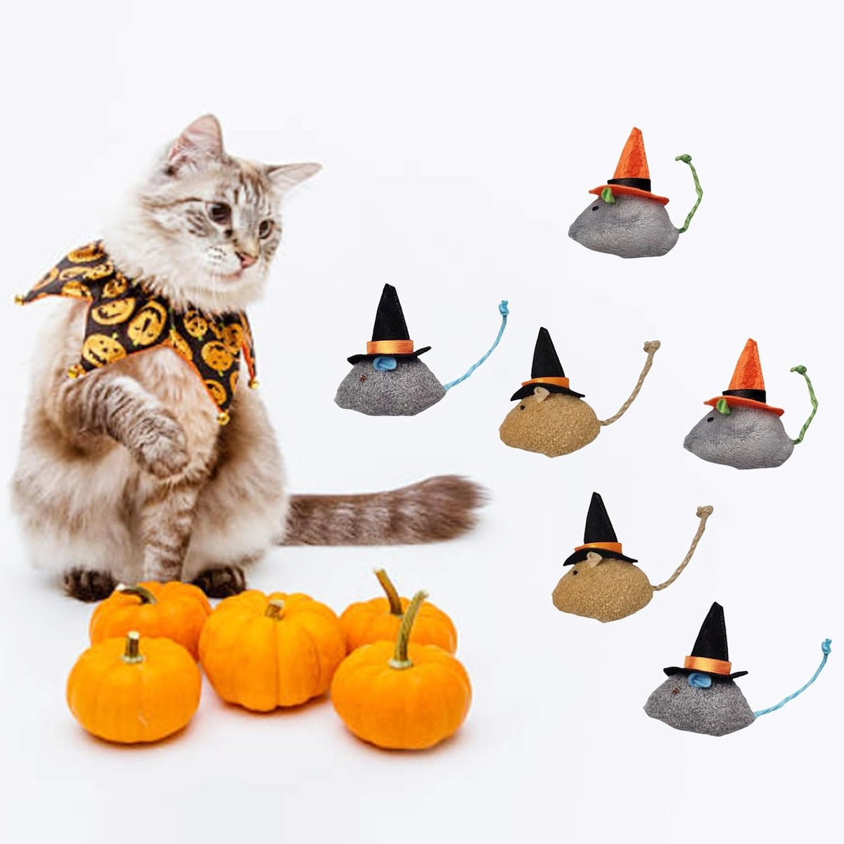6-Pack Halloween Cat Toys Interactive Toy Witch Magic Hat Costume Plush Mouse Shaped Catnip Toys