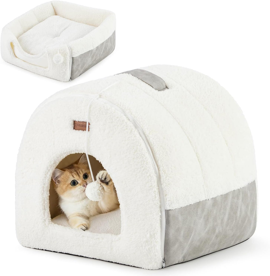 2in1 Cat Bed Cave for Indoor Cats Enclosed Bed with Washable Pillow