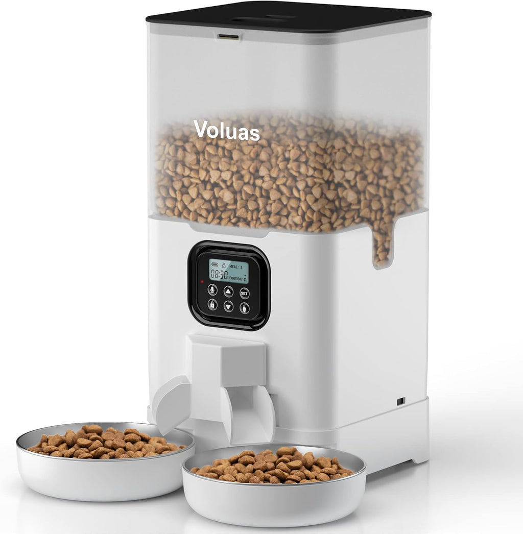 VOLUAS Automatic Cat Feeder for Two Cats with Dual Stainless Bowls, 6L
