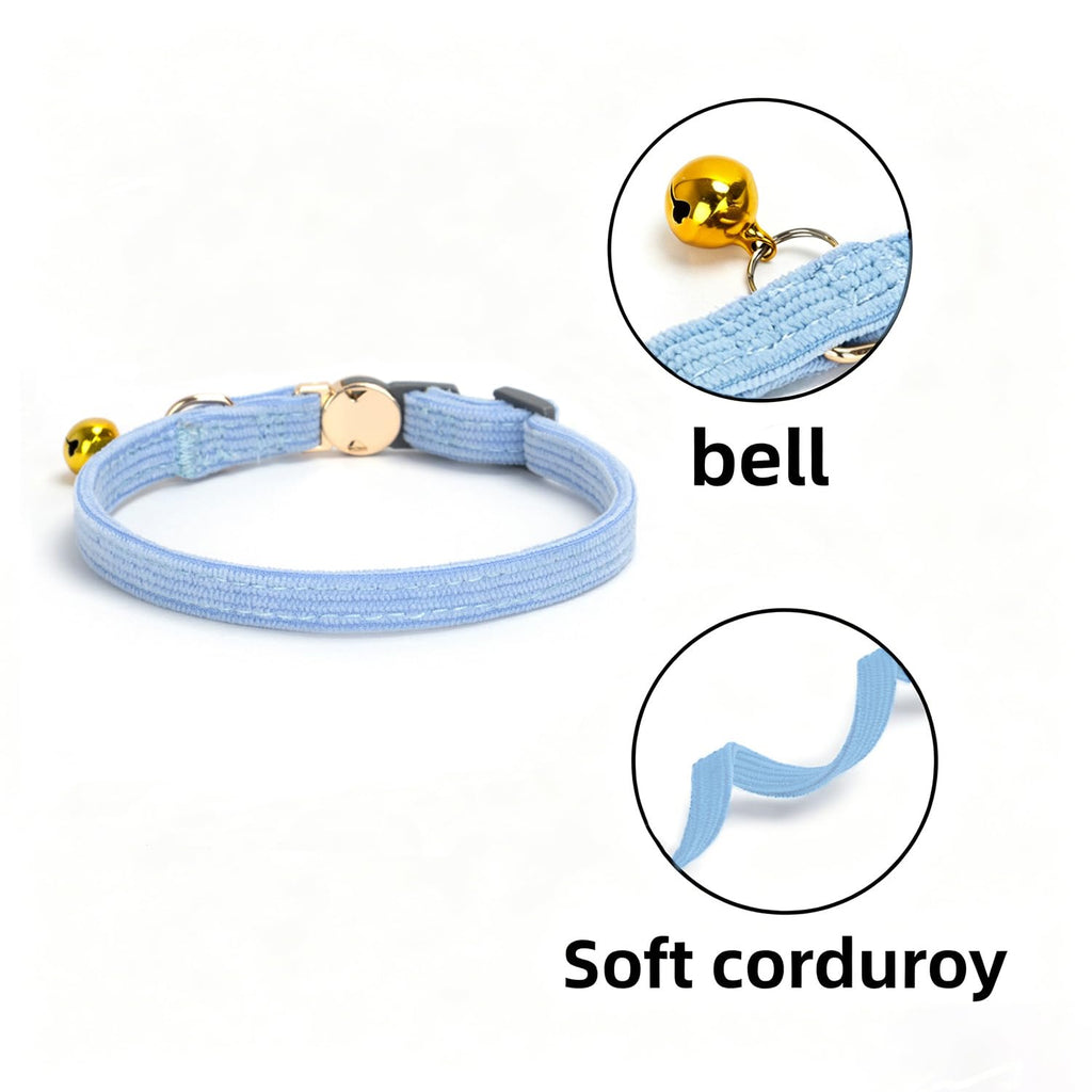 WDPAWS Soft Corduroy Cat Collar for Small to Large Cats, Adjustable 7-11 Inch, Gold Buckle & Bell (Light Blue)
