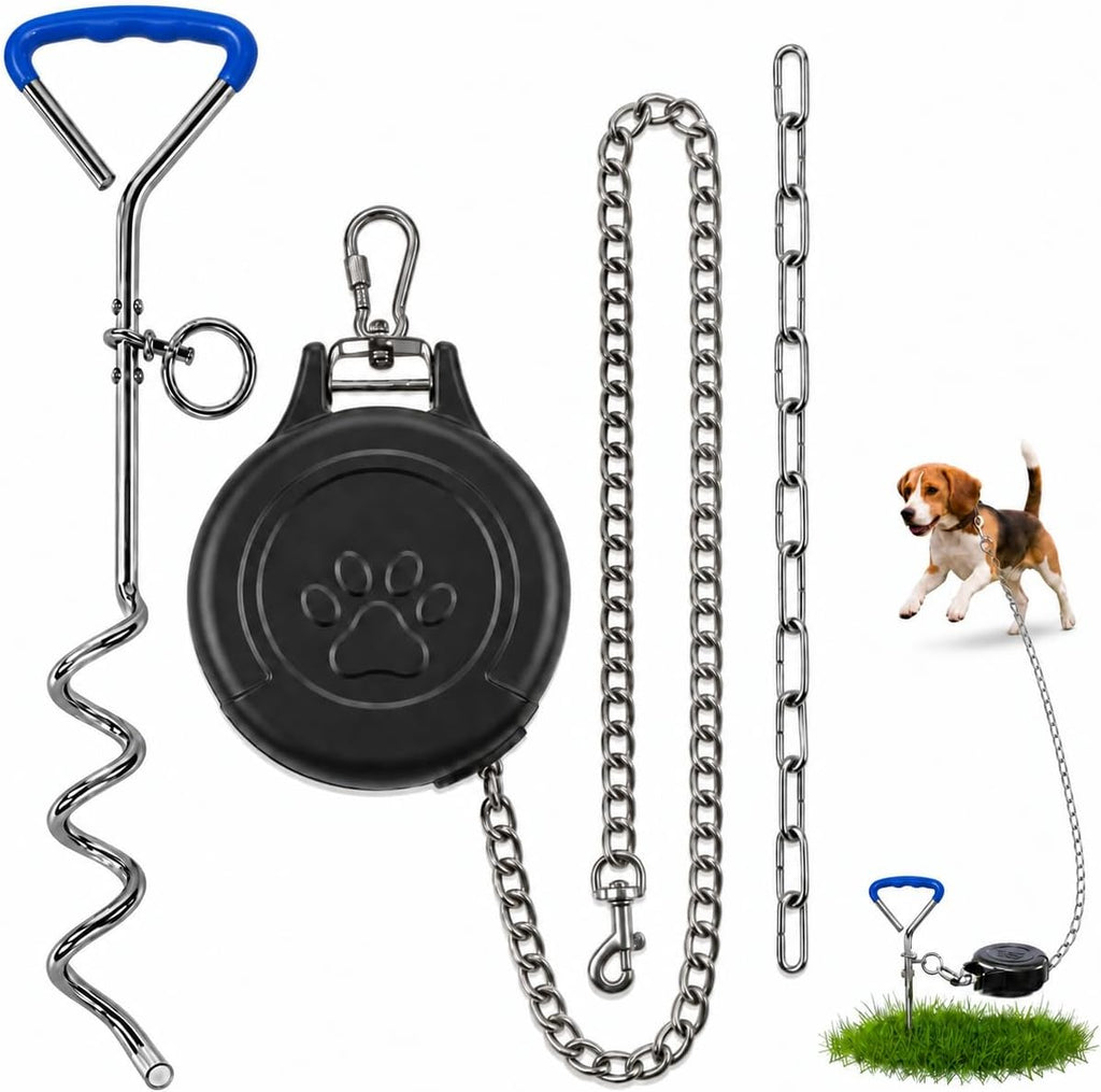 37 FT Retractable Dog Tie Out with Heavy-Duty Ground Anchor, Blue Handle