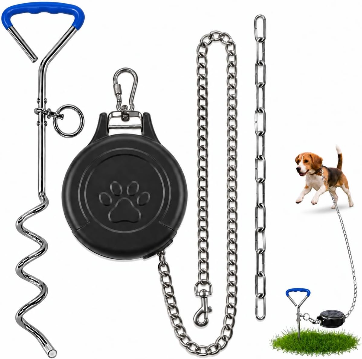 37 FT Retractable Dog Tie Out with Heavy-Duty Ground Anchor, Blue Handle