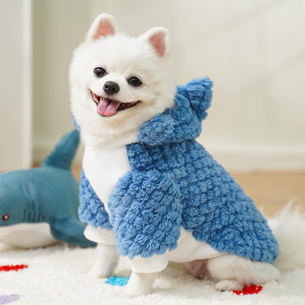 Dog Shark Costume Funny Pet Hoodies for Small Dogs Fleece Puppy Sweatshirt with D-Ring Winter Chihuahua Clothes Cold Wea