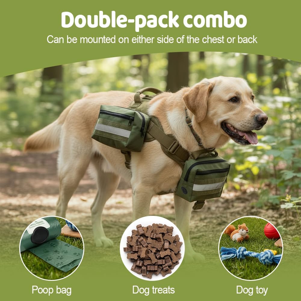 2PCS Dog Harness Backpack Pouches, Waterproof Hook-and-Loop Dog Saddle Bag with Reflective Strip for Training Camping Hi