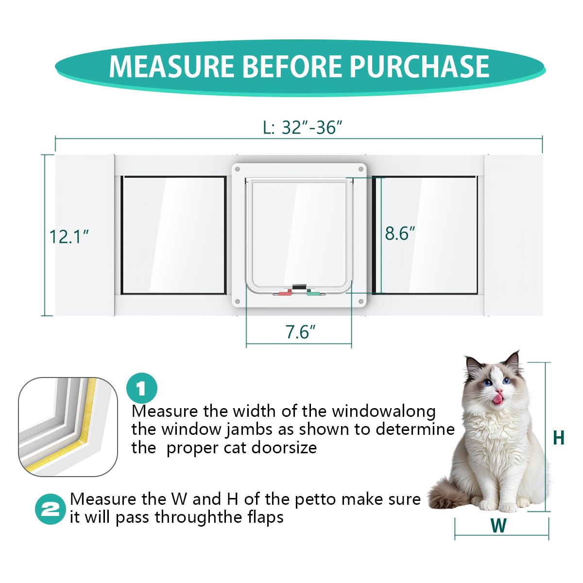 Aluminum Cat Door for Windows - Adjustable to Fit Window Width 32"-36"