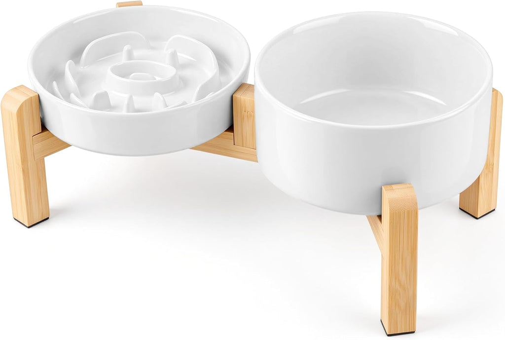 Raised Ceramic Slow Feeder Dog Bowls(0.8 Cups) with Dog Water Dish(700ML)