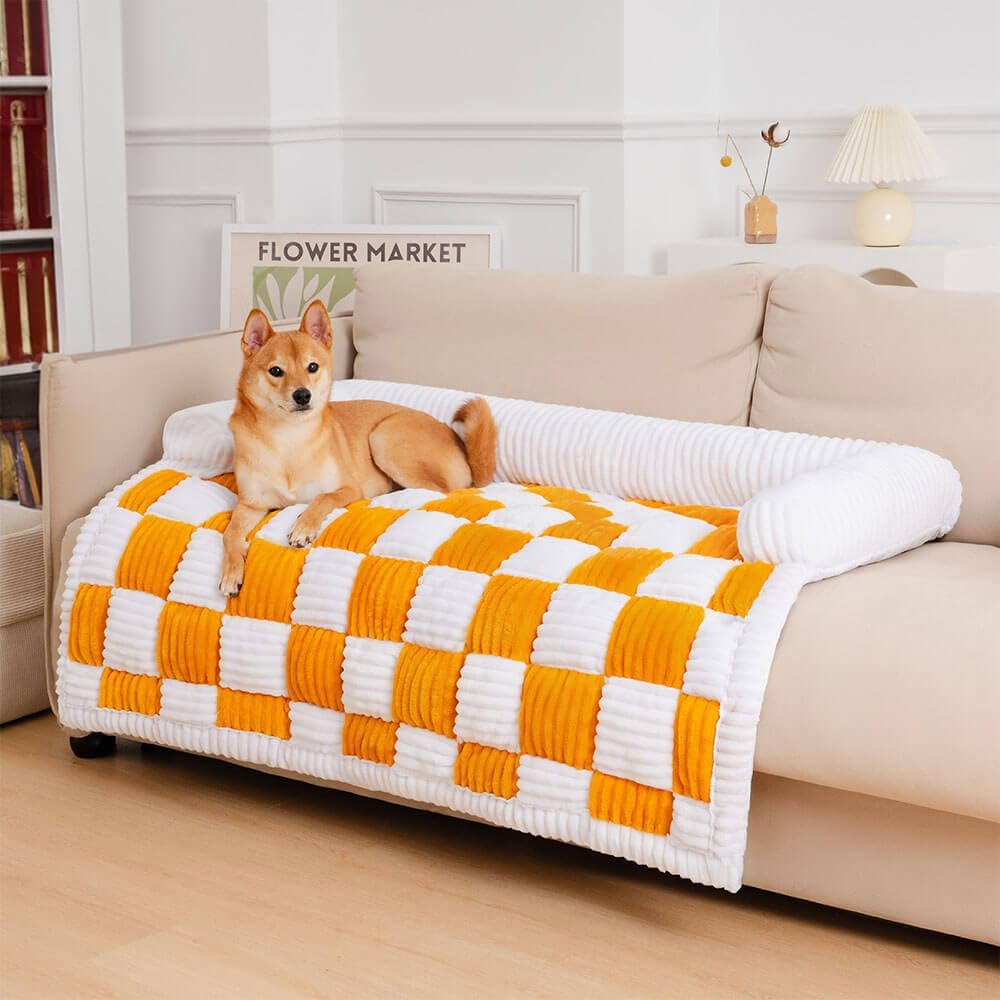 Checkerboard Dog Couch Mat with Bolster, Yellow, 37 x 33 in