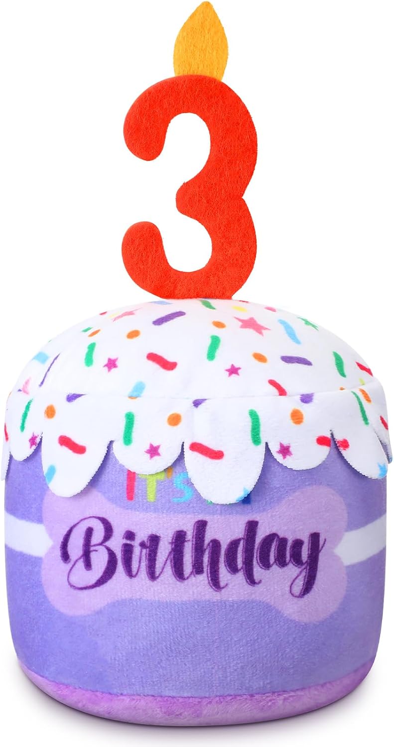 Dansydaisy Dog Birthday Cake Toy Squeaky Plush Gift,6th,Blue