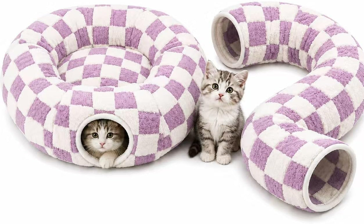 Cat Tunnel Bed with Washable Cushion for Indoor Cat, Donut Cave Tube Toys for Kitten Puppy Rabbit, Brown