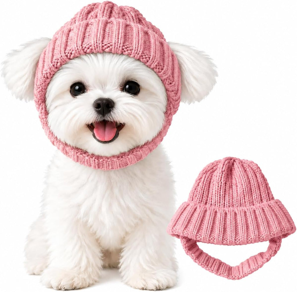 Warm Knitted Dog Beanie Hat with Ear Holes, Stretch Ribbed Winter Pet Headwear with Chin Strap, Cute Cold Weather Dog Ca