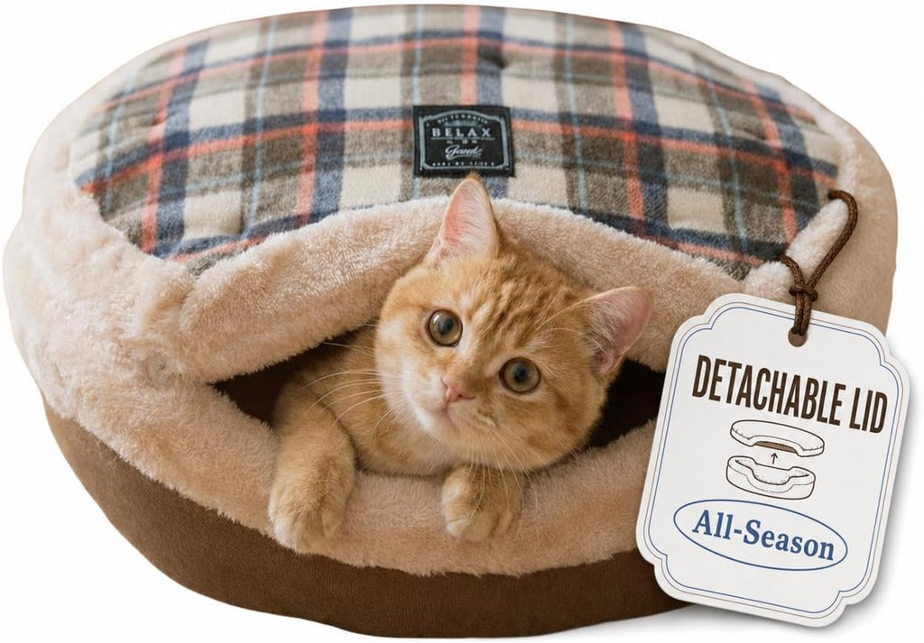 Cat Bed Cave - Enclosed Hideaway with Detachable Lid for Kitten (Yellow)