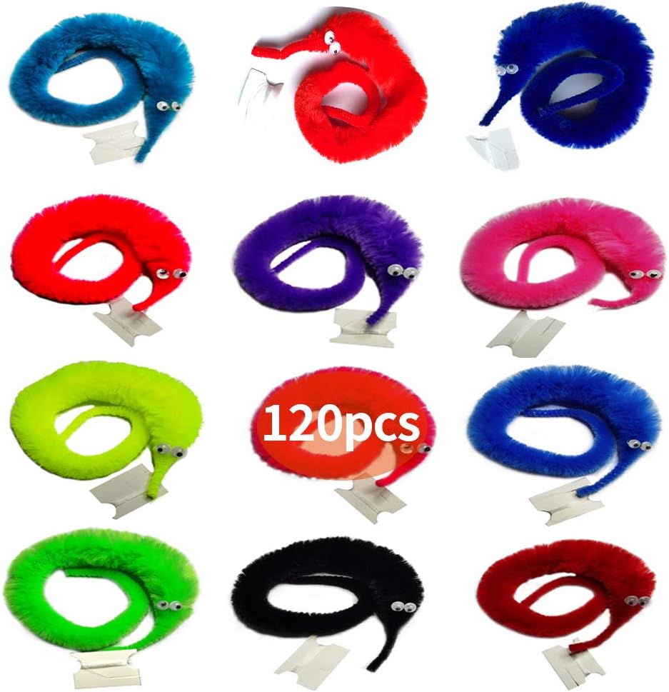 SHENGSEN Rainbow Fuzzy Worm Toys Tricky Worms on String Bulk,6 Pack