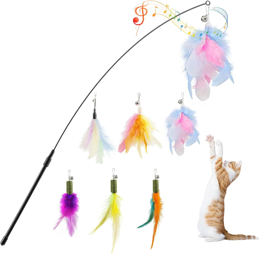Pawaboo Cat Feather Wand Interactive Toy, 2 Feathers + 1 Wand with Bell