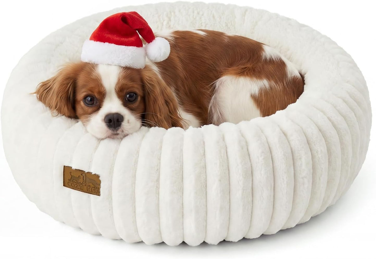 COZY KISS Cat Beds Washable Calming Donut Small Dog & Puppy Bed, 23in Cream