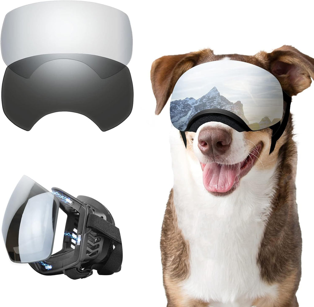 Dog Sunglasses UV Protection Clear Dog Goggles Windproof Glasses with Elastic Straps for Medium-Large Breed, Black Frame