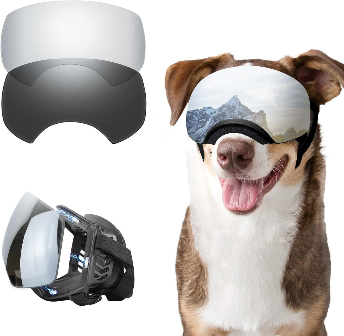 Dog Sunglasses UV Protection Clear Dog Goggles Windproof Glasses with Elastic Straps for Medium-Large Breed, Black Frame