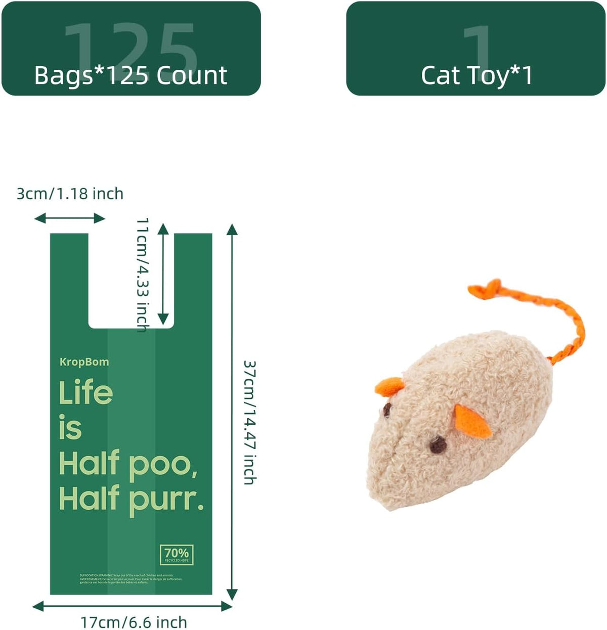 125 Count Cat Poop Bags with Handles, Disposable Litter Bags for Pet Poop, Extra-Thick Kitty Cat Waste Bags Easy Tie Lea