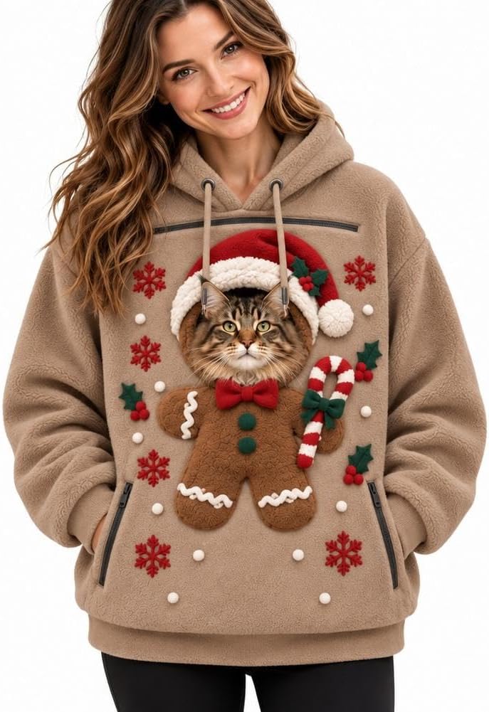 Womens Mens Pet Pouch Santa Hoodie Zip Cat Carrier Christmas Sweatshirt