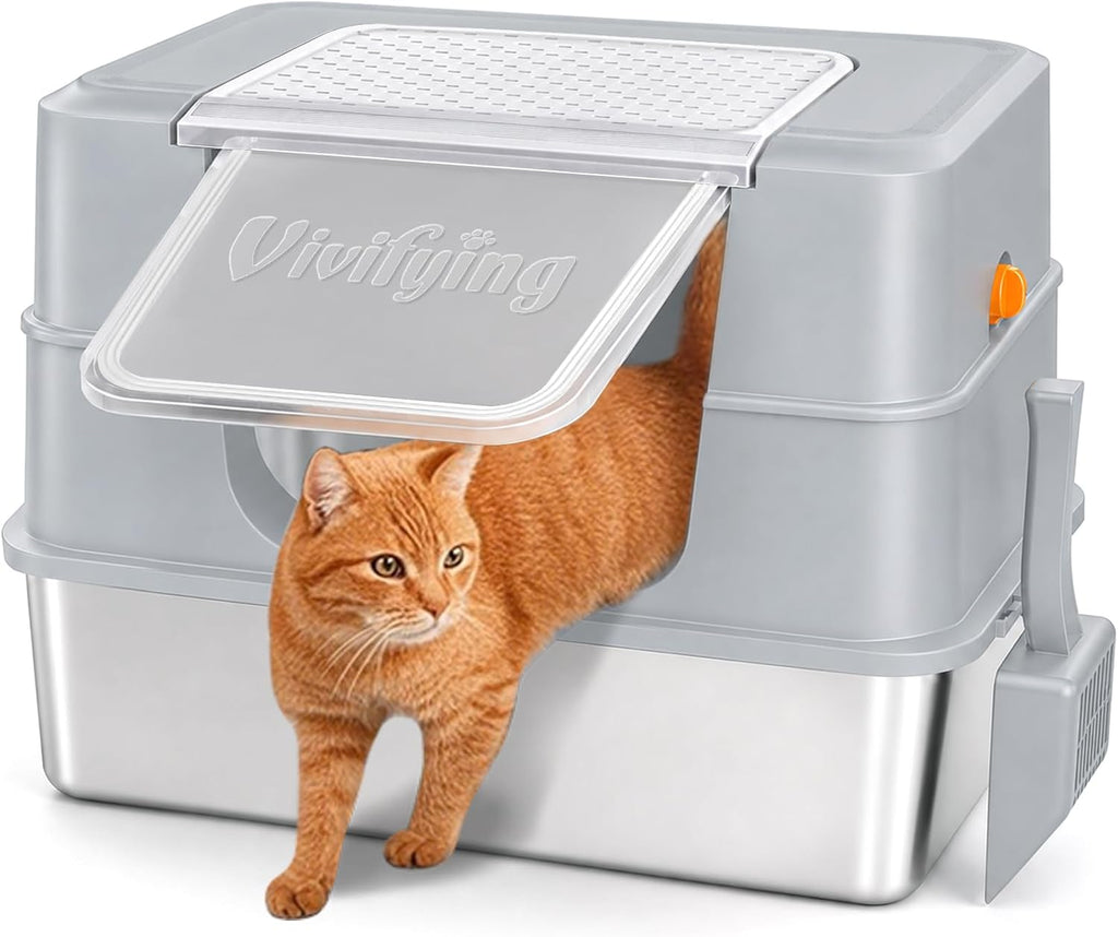 Vivifying XL Stainless Steel Cat Litter Box with Lid, Side Entry, Black