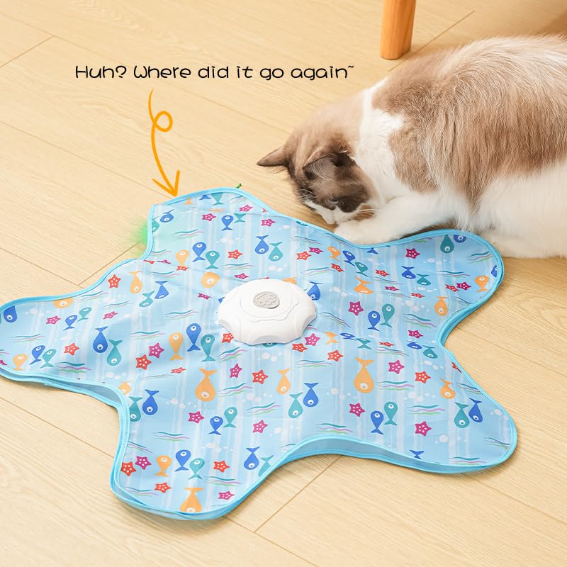 AQPU Rechargeable Automatic Cat Toy, 3-Mode Touch-Activated Interactive Toy with Random Motion, Concealed Feather & Squeaky Sound for Indoor Cats & Kittens (Blue)