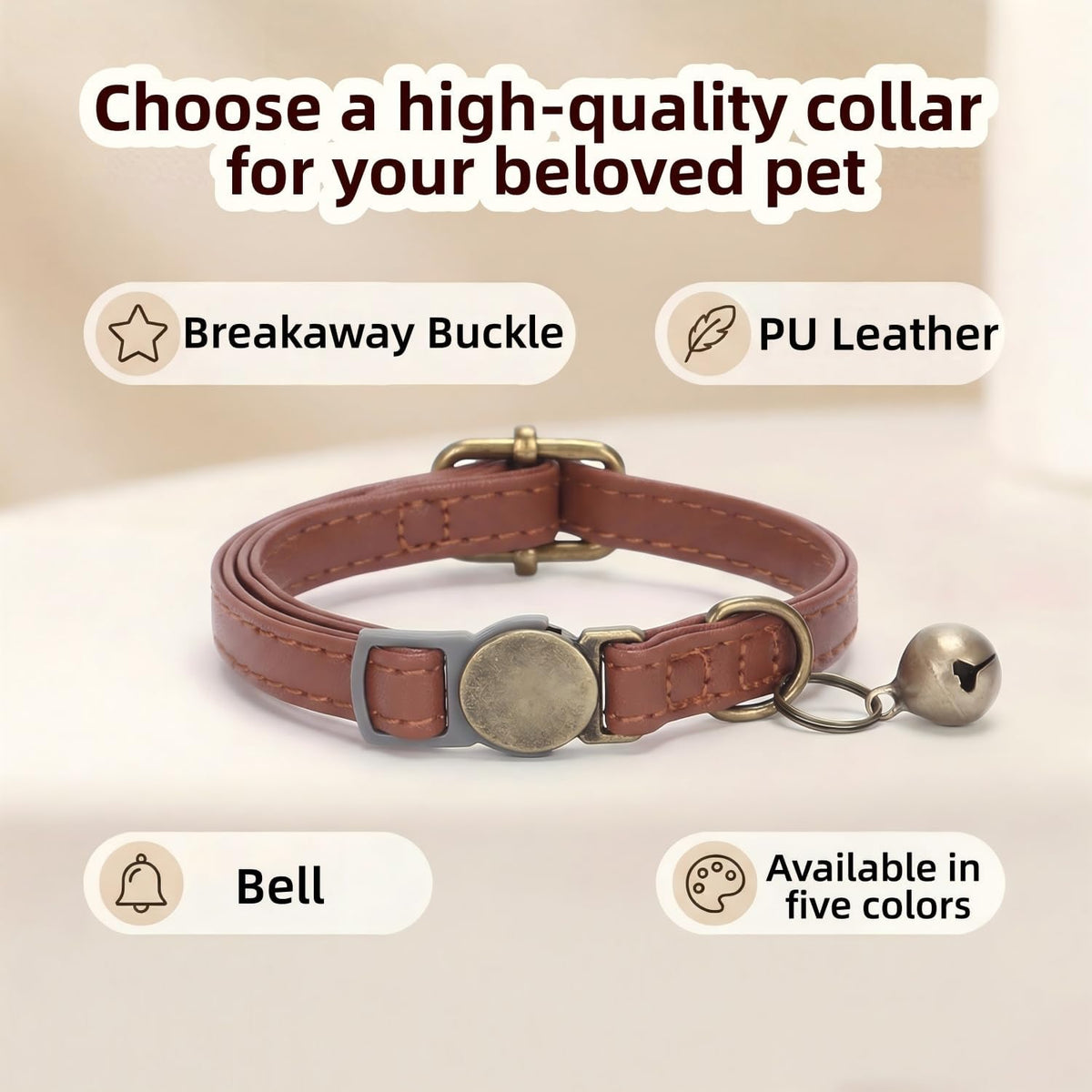 THAIN Leather Cat Collar with Bell Breakaway- Adjustable, Durable, Retro Bell fit Most Cats and Kittens (Brown)