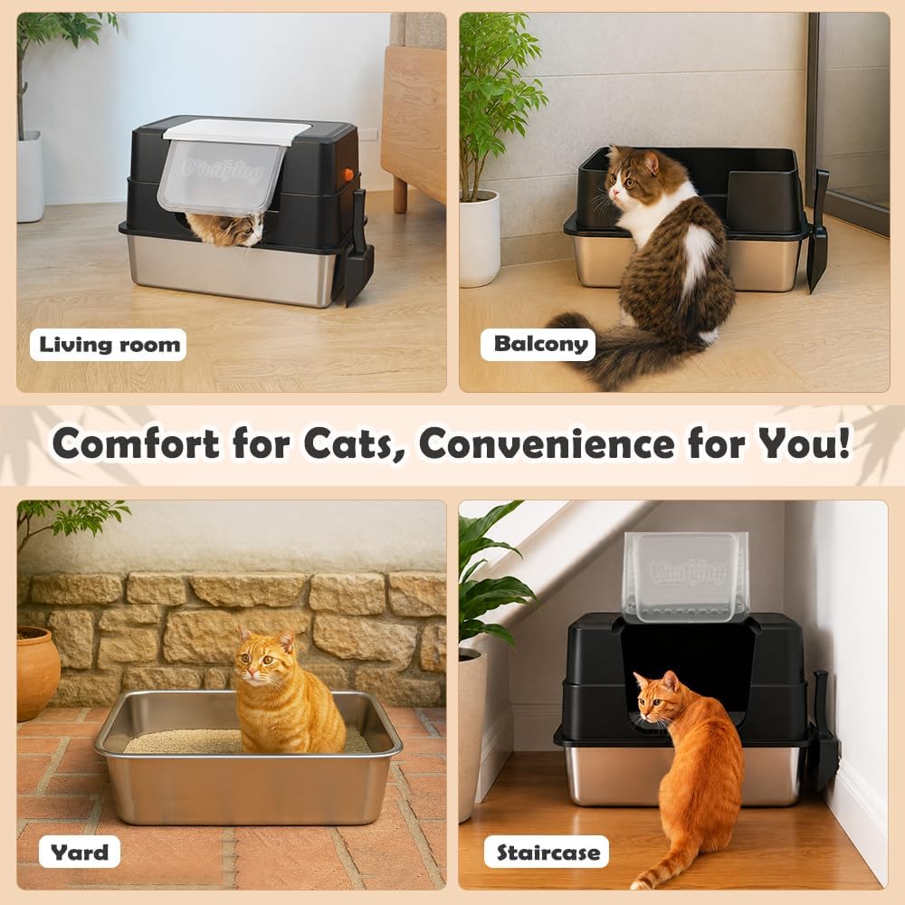 Vivifying XL Stainless Steel Cat Litter Box with Lid, Side Entry, Black