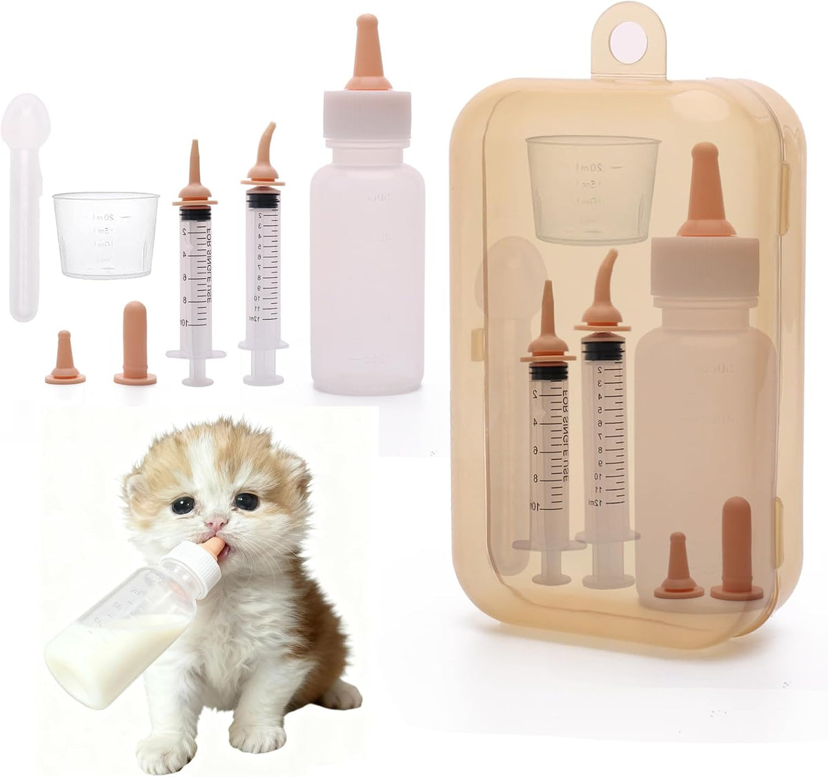 Newborn Pet Feeding Kit, Kitten Bottle Feeding Set with Nursing Nipples, Portable Storage, Emergency Ready, Replaceable 