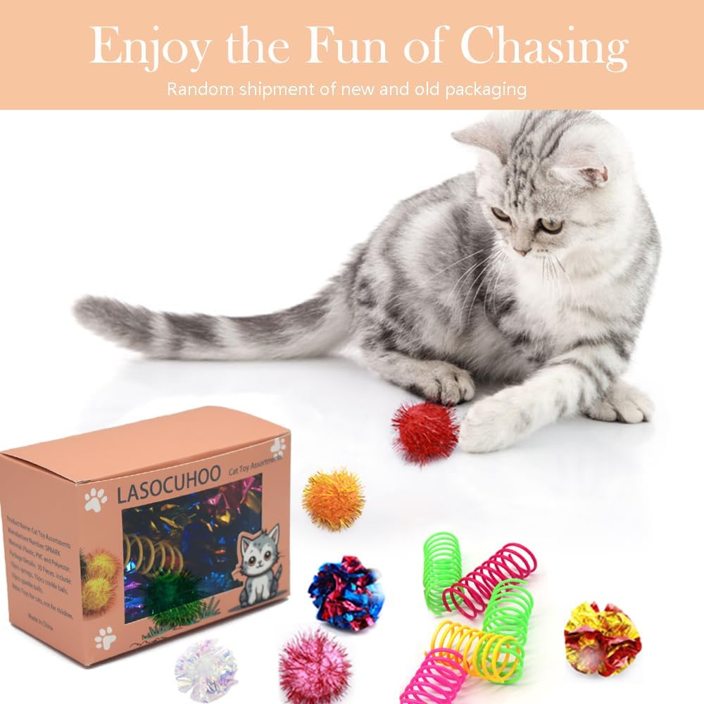 LASOCUHOO Cat Toys, 30 Packs Interactive Cat Toy Pack Including Cat Crinkle Balls, Cat Sparkle Balls, Spiral Springs for