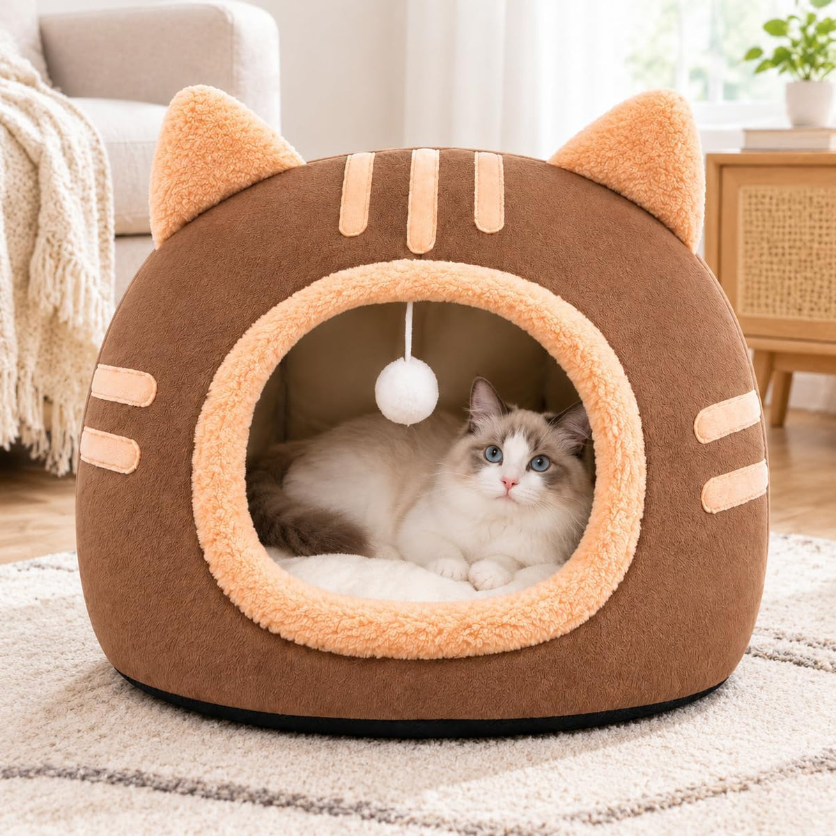 Cat Bed Cave Enclosed Cat Beds for Indoor Cats, Washable Covered Hideaway (Light Pink, L)