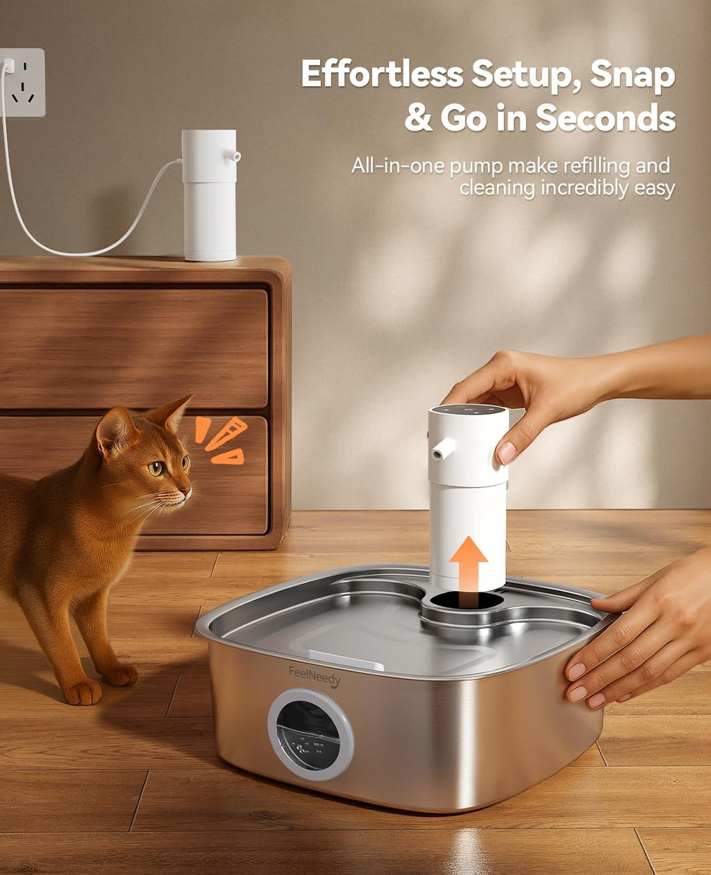 Cordless Wider Tray Dog Water Fountain, 5000mAh Battery Operated Dog Water Bowl Dispenser with 3 Motion Sensor, FEELNEED