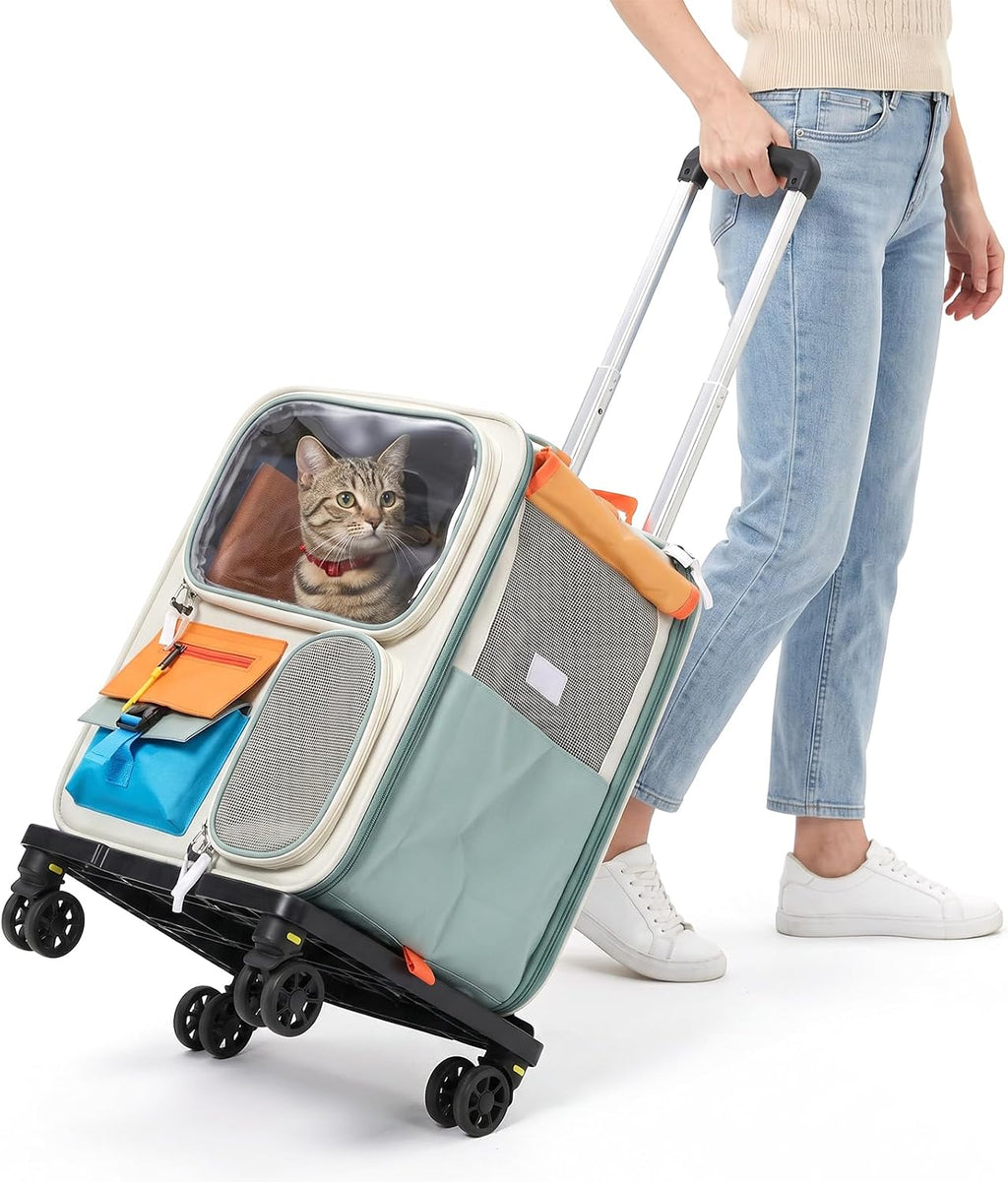 Cat Carrier with Wheels,Foldable Rolling Pets Carrier