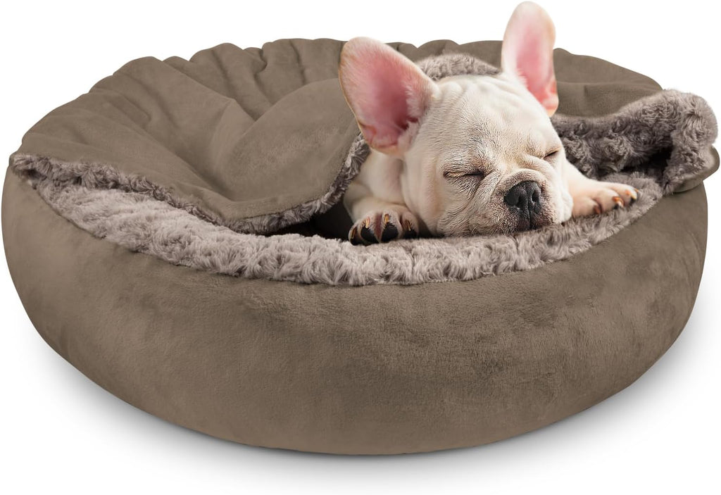 JOEJOY Small Dog Bed Cat Bed with Hooded Blanket, Cozy Cuddler Luxury Puppy Pet Bed, Donut Round Calming Anti-Anxiety Do