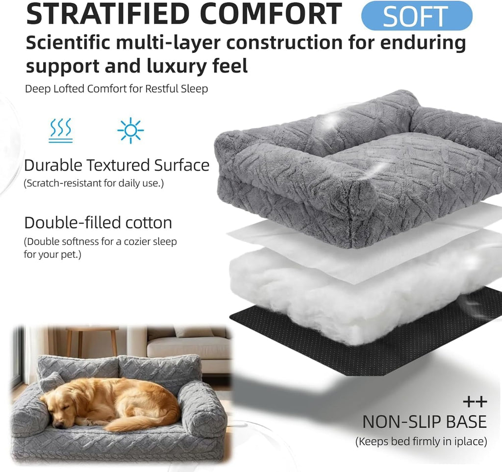 Pet Sofa Dog Cat Plush Calming Pet Sofa Bed for Indoor (Khaki, Small)