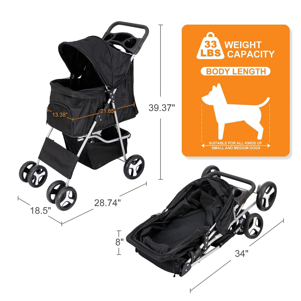 4 Wheels Pet Stroller Dog Cat Stroller for Small Medium Dog Cats Foldable Carrier Jogger Travel Puppy with Storage Baske