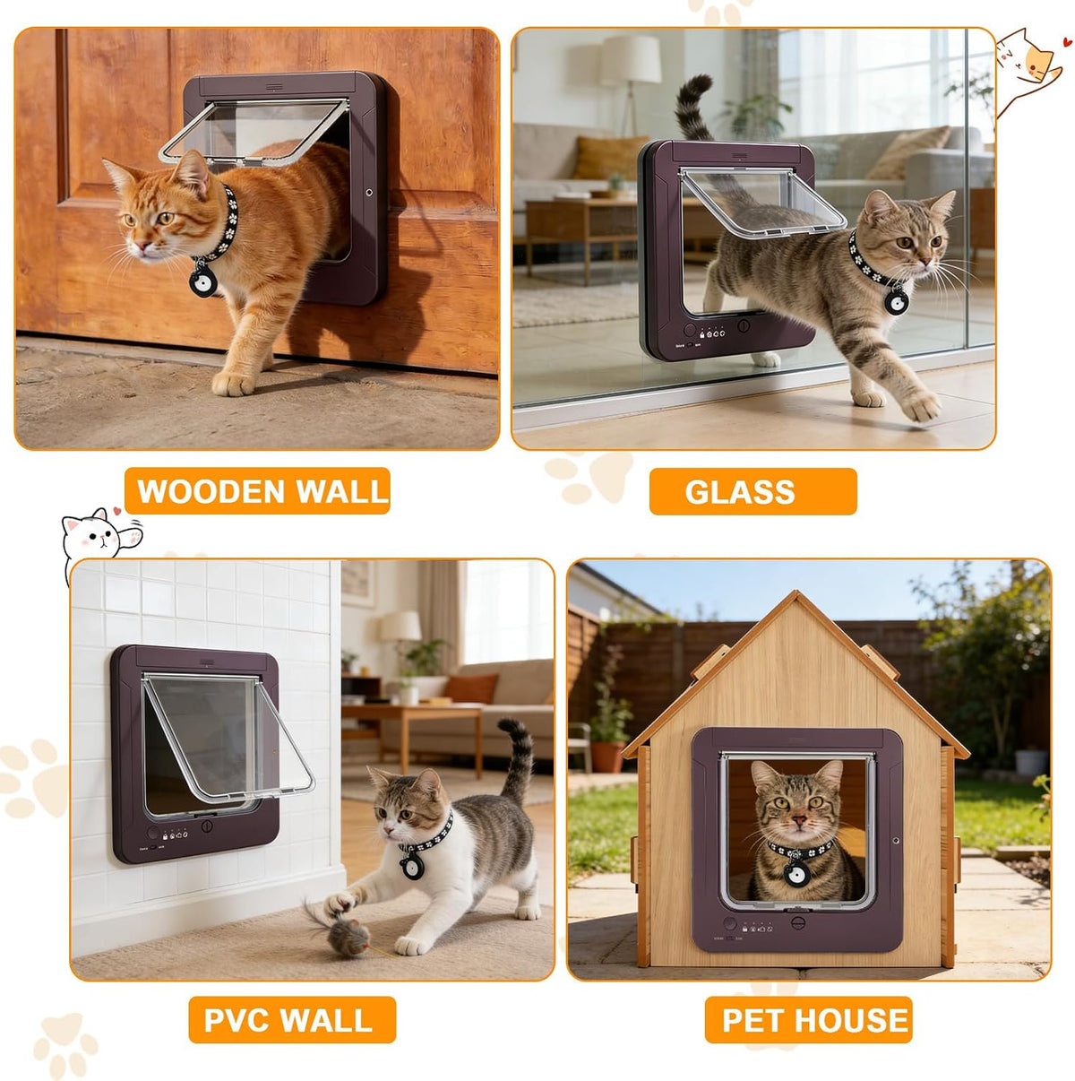 Smart Cat Door with 4 Collar Sensor Key, RFID Cat Door Collar Activated with Remote Control, 4 Way Locking Cat Flap Auto