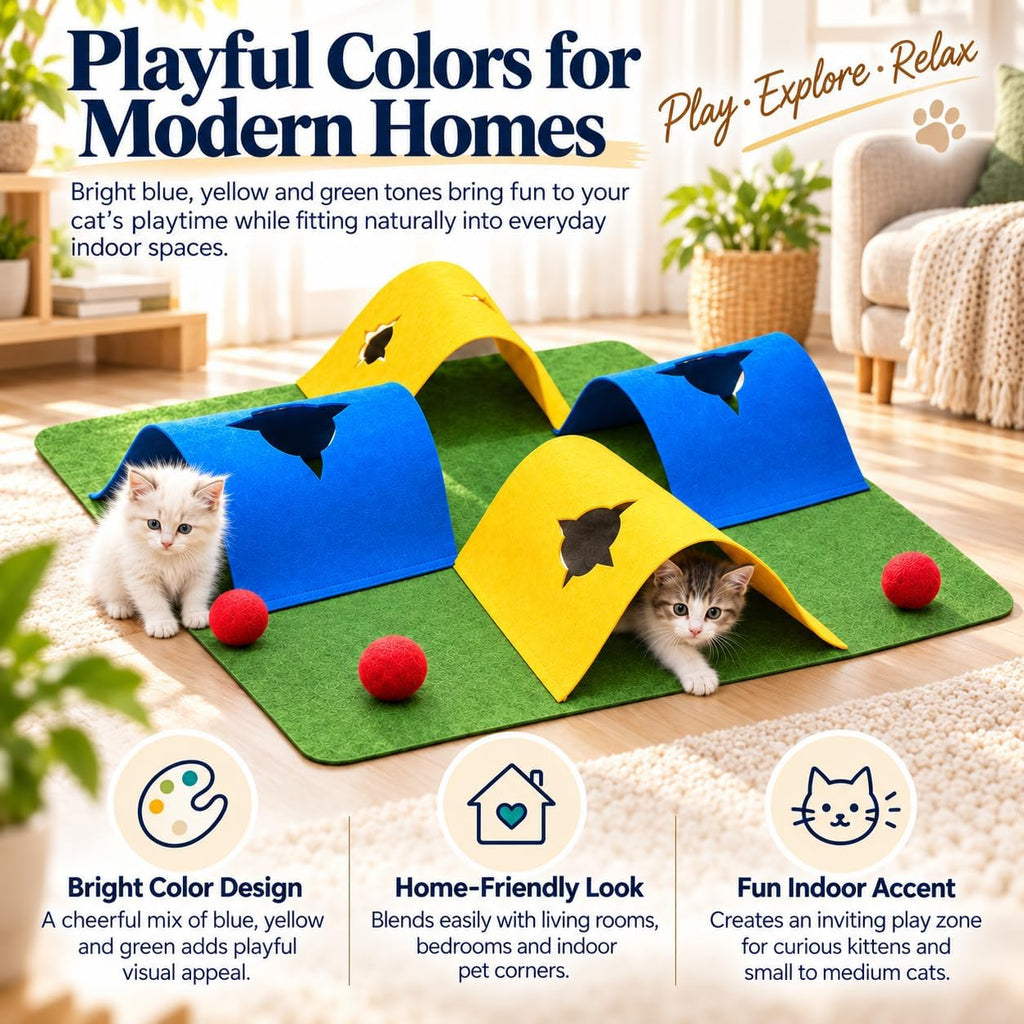 35.4" 4-Way Cat Tunnel for Indoor Cats, Colorful Felt Mat with Hidden Ball