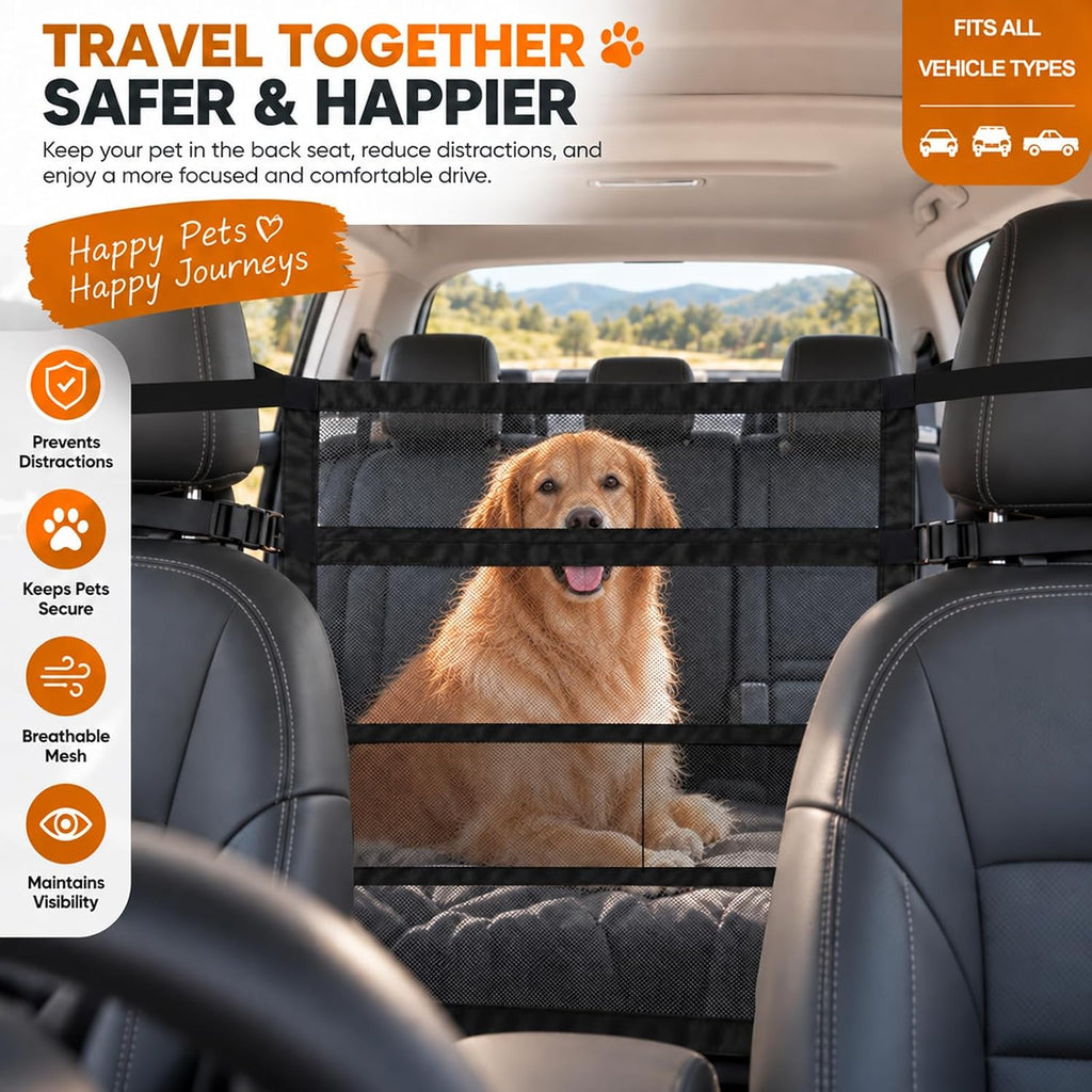 Dog Car Barrier with Mesh Organizer, Heighten Pet Safety Divider for Car