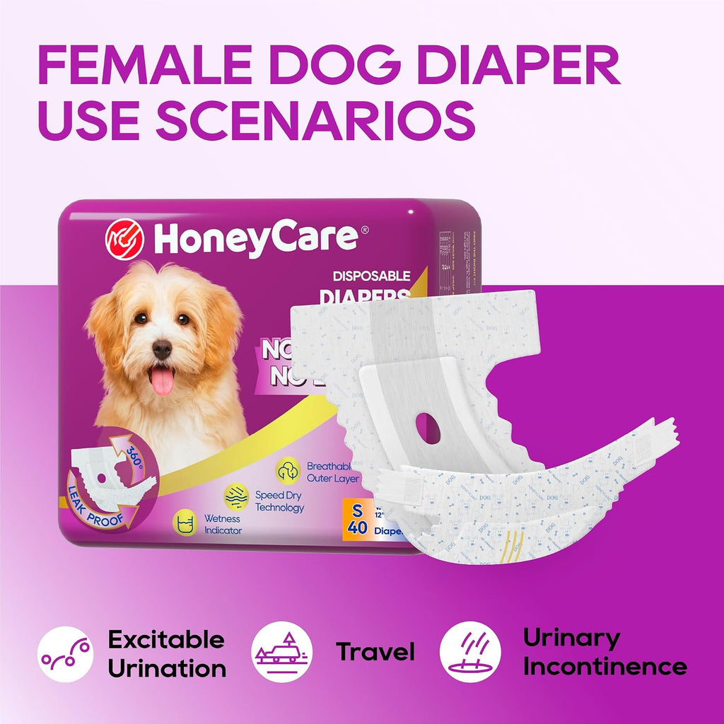 HONEY CARE All-Absorb Disposable Female Dog Diapers Small Size, Improved, 40 Count, Super Absorbent, Breathable, Wetness