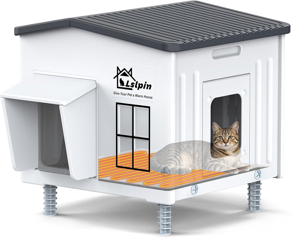 Heated Cat House for Outside Cats in Winter, Indestructible Heated Outdoor Cat House Weatherproof with Elevated Feet & E