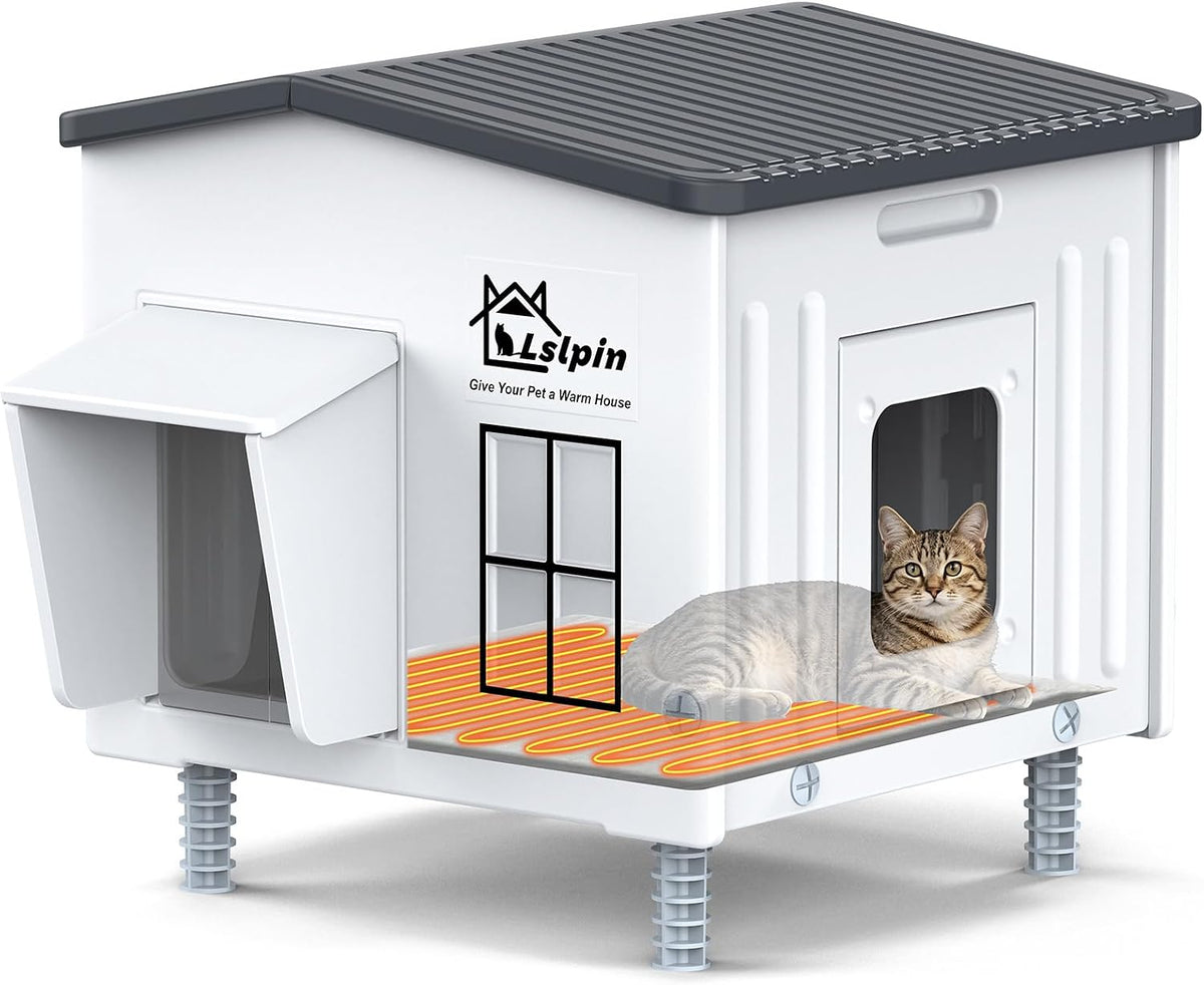 Heated Cat House for Outside Cats in Winter, Indestructible Heated Outdoor Cat House Weatherproof with Elevated Feet & E