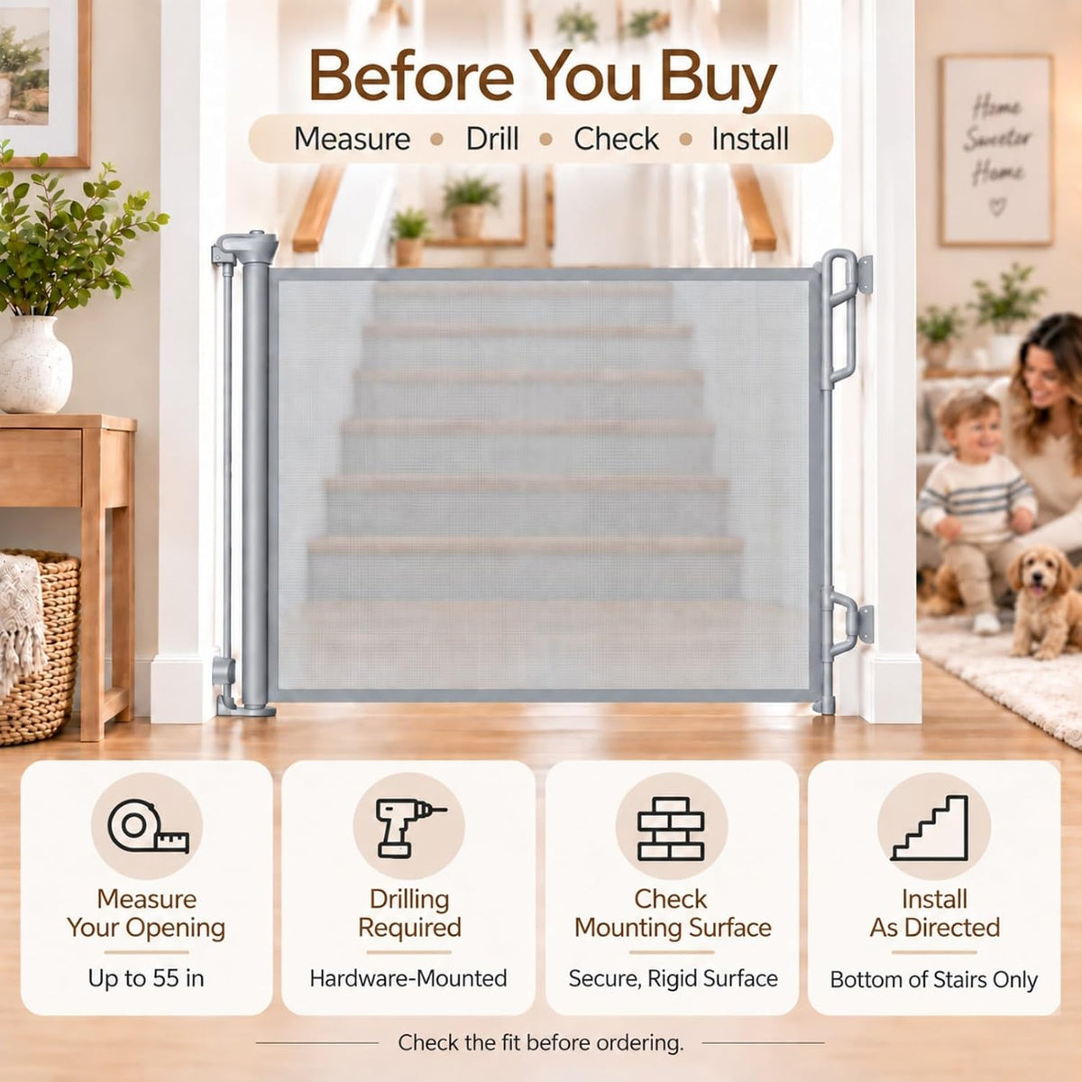 Retractable Baby Gate, 45" Wide Mesh Gate, Gray