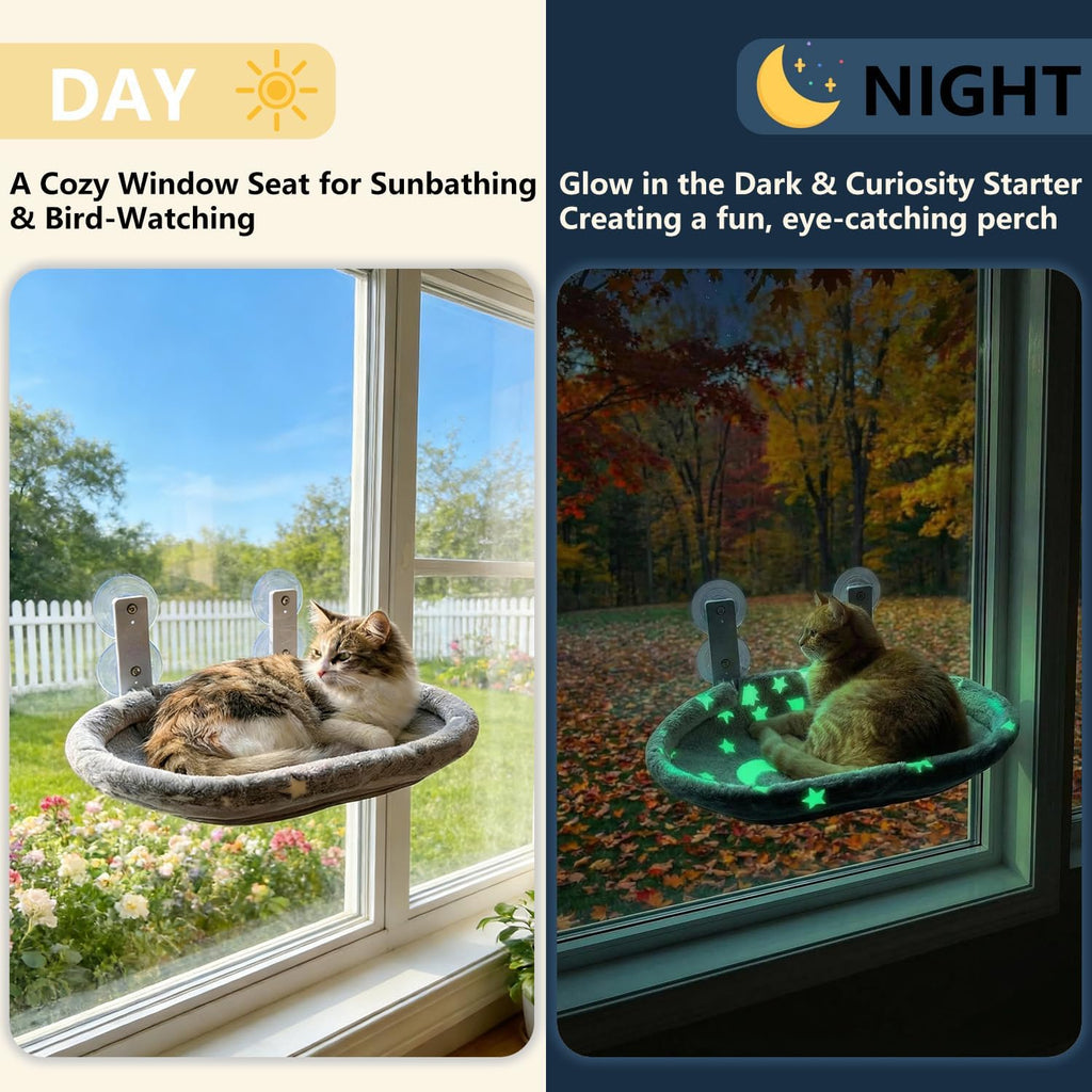 Cat Window Perch Hammock - Glow in the Dark Cordless Foldable Pet Bed with Sturdy Metal Frame & Strong Suction Cups, Sta
